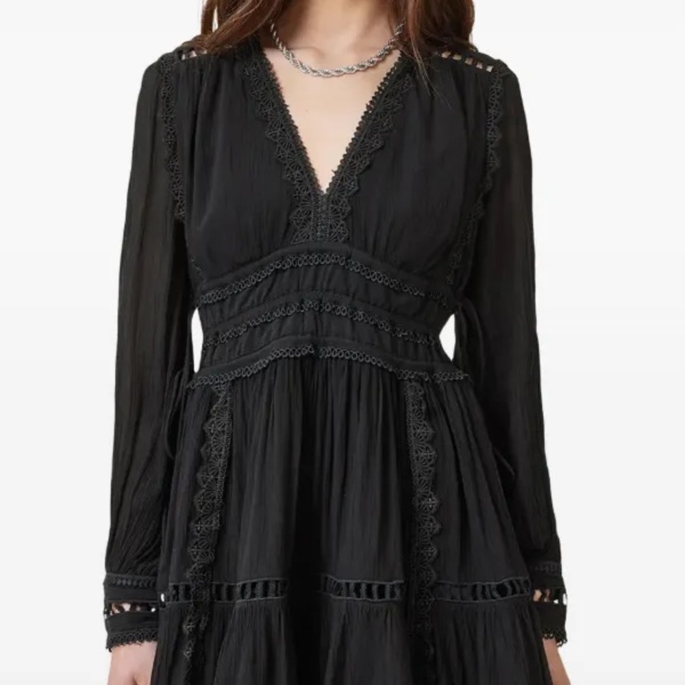 All Saints Xanthe Black Long Sleeve Dress with Lace Detailq